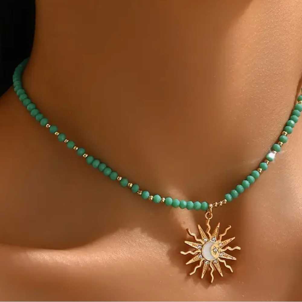 Bohemian Vintage Sun Pendant Necklace with Glass Beads